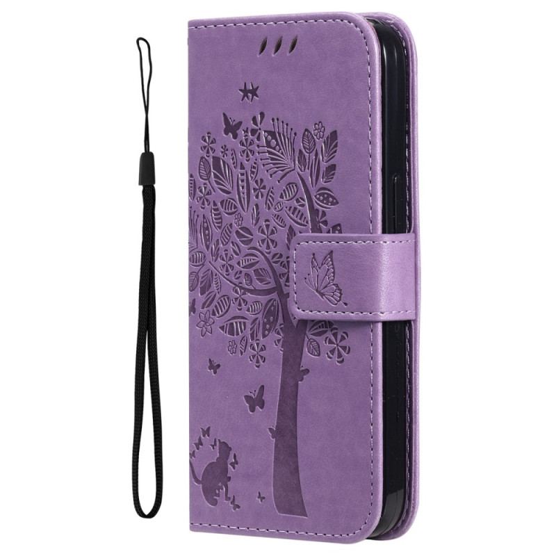 Capa De Couro Para Honor Magic 5 Lite De Cordão Árvore E Gato Strappy
