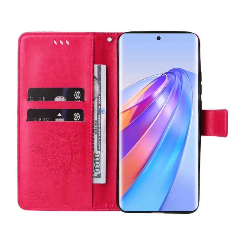 Capa De Couro Para Honor Magic 5 Lite De Cordão Árvore E Gato Strappy