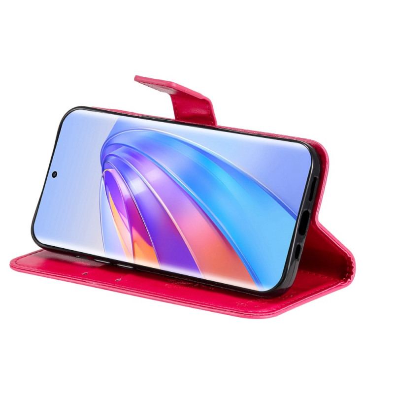 Capa De Couro Para Honor Magic 5 Lite De Cordão Árvore E Gato Strappy