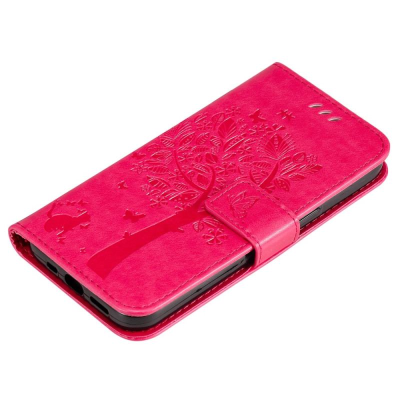 Capa De Couro Para Honor Magic 5 Lite De Cordão Árvore E Gato Strappy