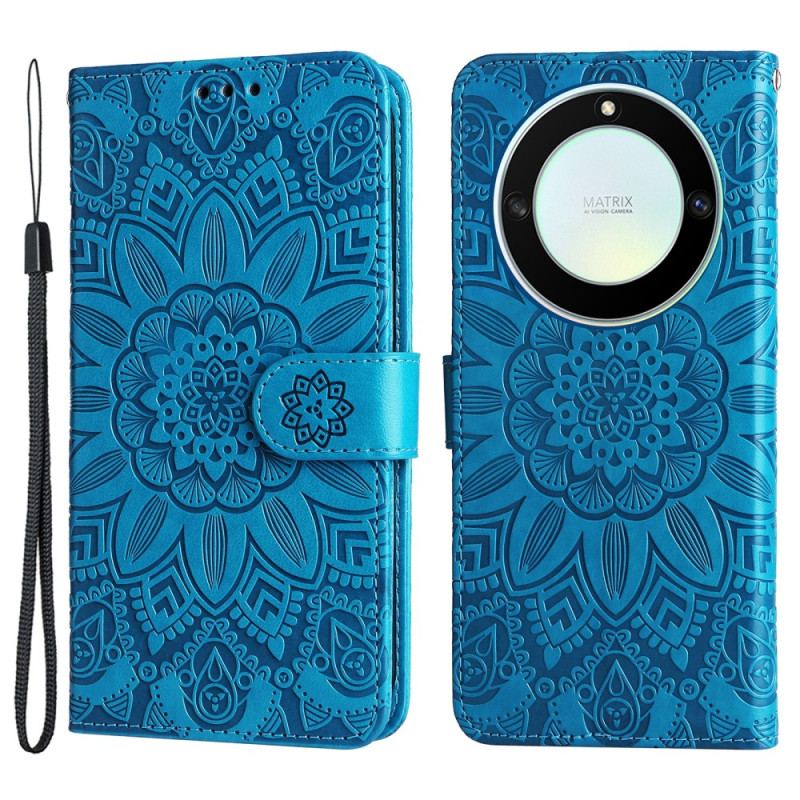 Capa Em Pele Para Honor Magic 5 Lite Mandala Sol Com Cordão