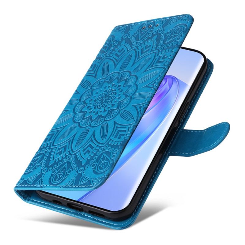Capa Em Pele Para Honor Magic 5 Lite Mandala Sol Com Cordão