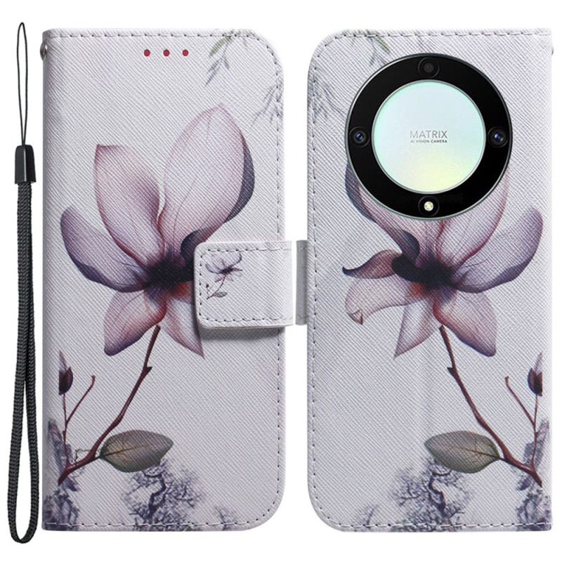 Capa Folio Para Honor Magic 5 Lite De Cordão Flor De Rosa Com Tiras