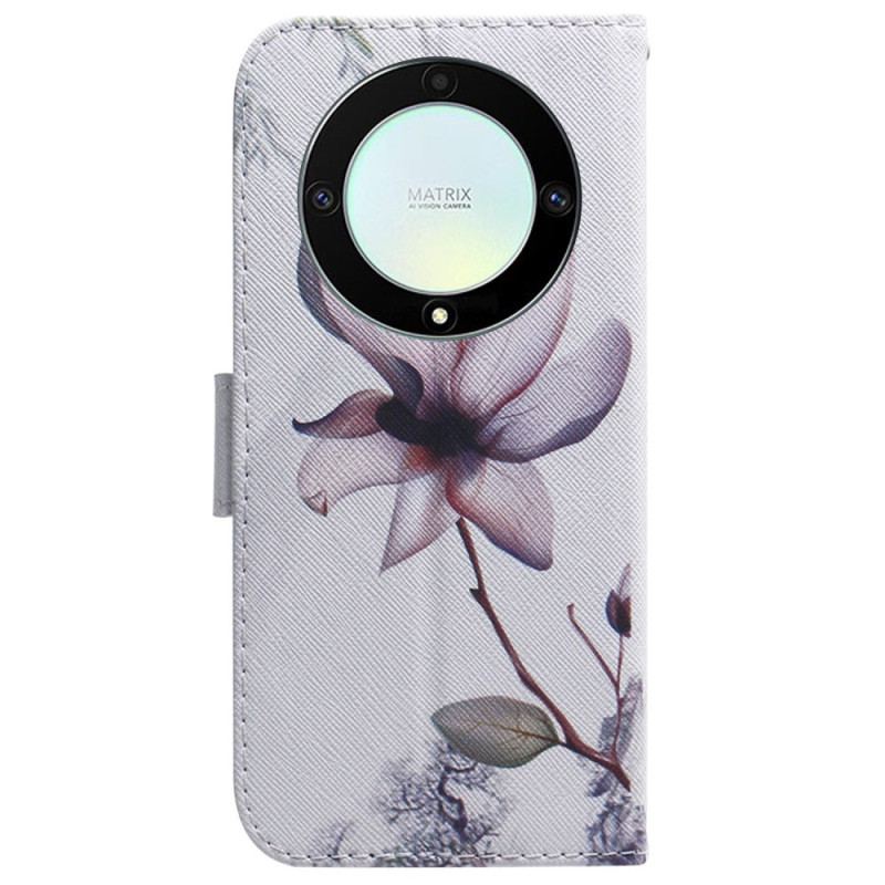 Capa Folio Para Honor Magic 5 Lite De Cordão Flor De Rosa Com Tiras
