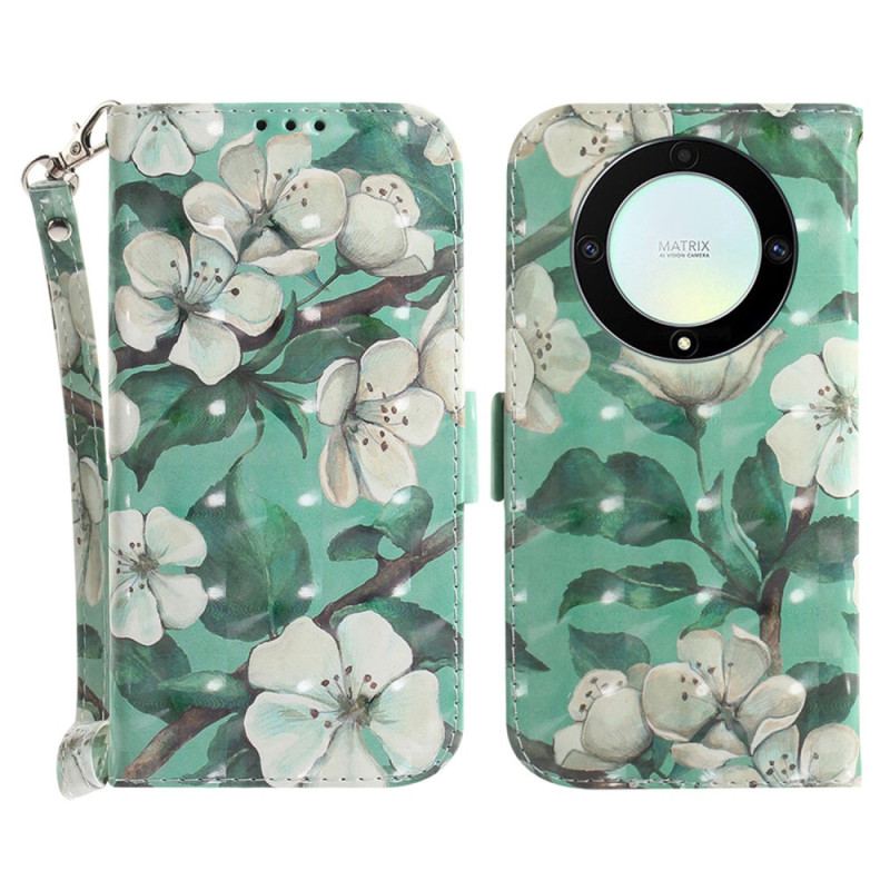 Capa Folio Para Honor Magic 5 Lite De Cordão Flores Brancas Com Tiras