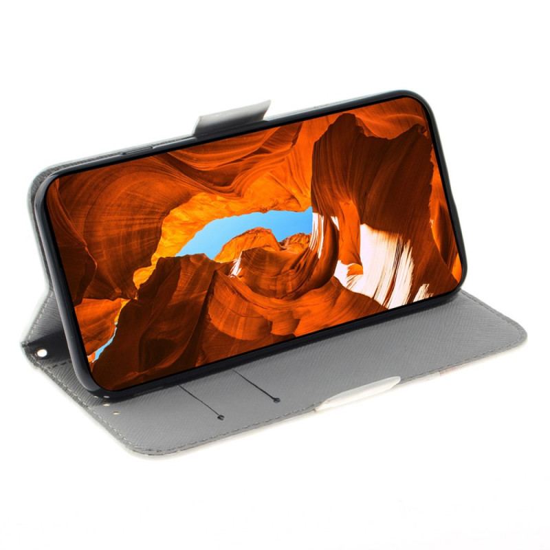 Capa Folio Para Honor Magic 5 Lite De Cordão Flores Brancas Com Tiras