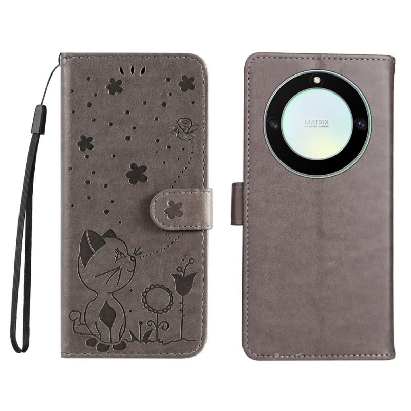 Capa Folio Para Honor Magic 5 Lite De Cordão Gato E Abelha Com Cordão