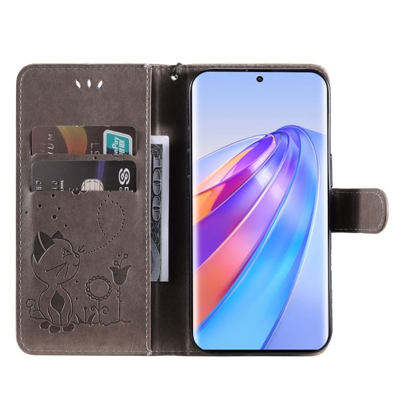 Capa Folio Para Honor Magic 5 Lite De Cordão Gato E Abelha Com Cordão
