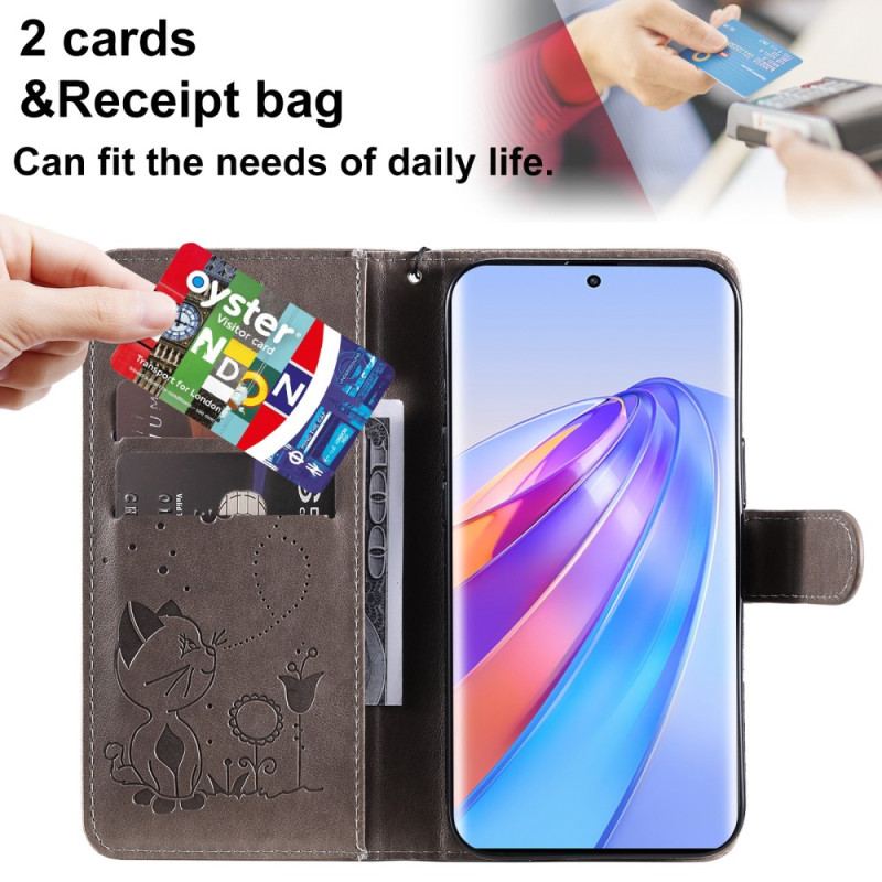 Capa Folio Para Honor Magic 5 Lite De Cordão Gato E Abelha Com Cordão