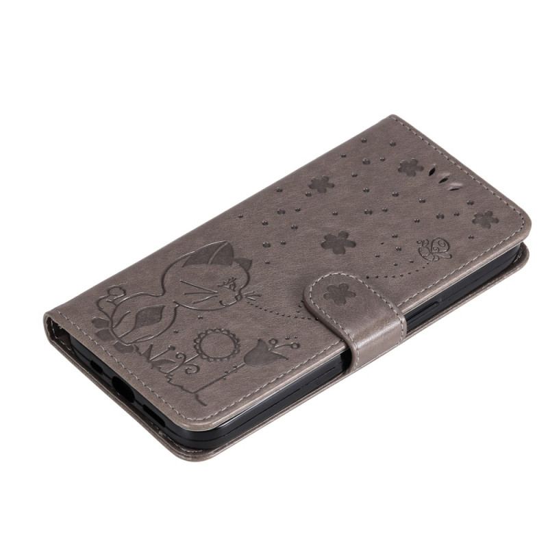 Capa Folio Para Honor Magic 5 Lite De Cordão Gato E Abelha Com Cordão