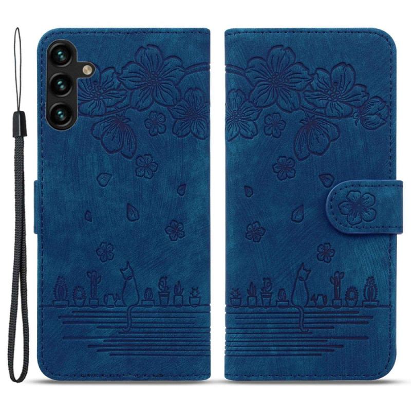 Capa De Couro Para Samsung Galaxy A14 / A14 5G De Cordão Fio Dental Floral Gato