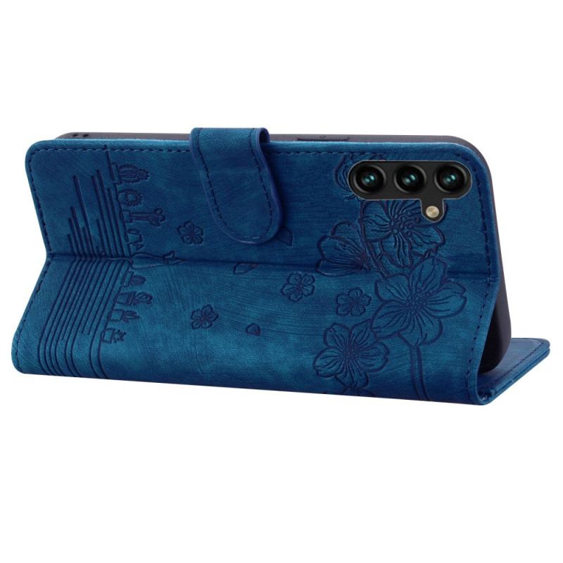 Capa De Couro Para Samsung Galaxy A14 / A14 5G De Cordão Fio Dental Floral Gato