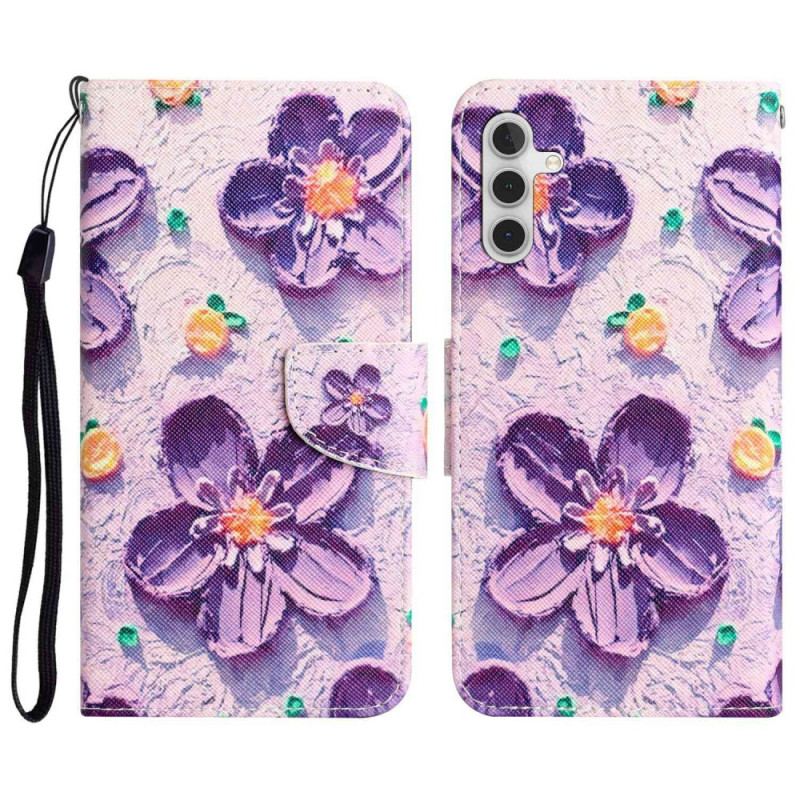 Capa De Couro Para Samsung Galaxy A14 / A14 5G De Cordão Flores De Alça