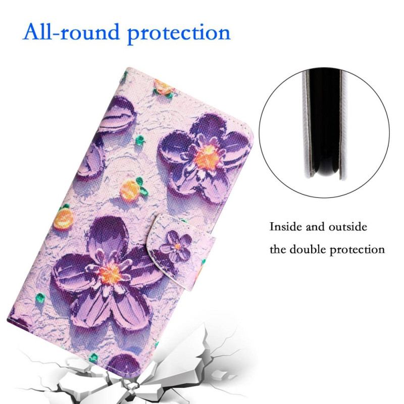 Capa De Couro Para Samsung Galaxy A14 / A14 5G De Cordão Flores De Alça