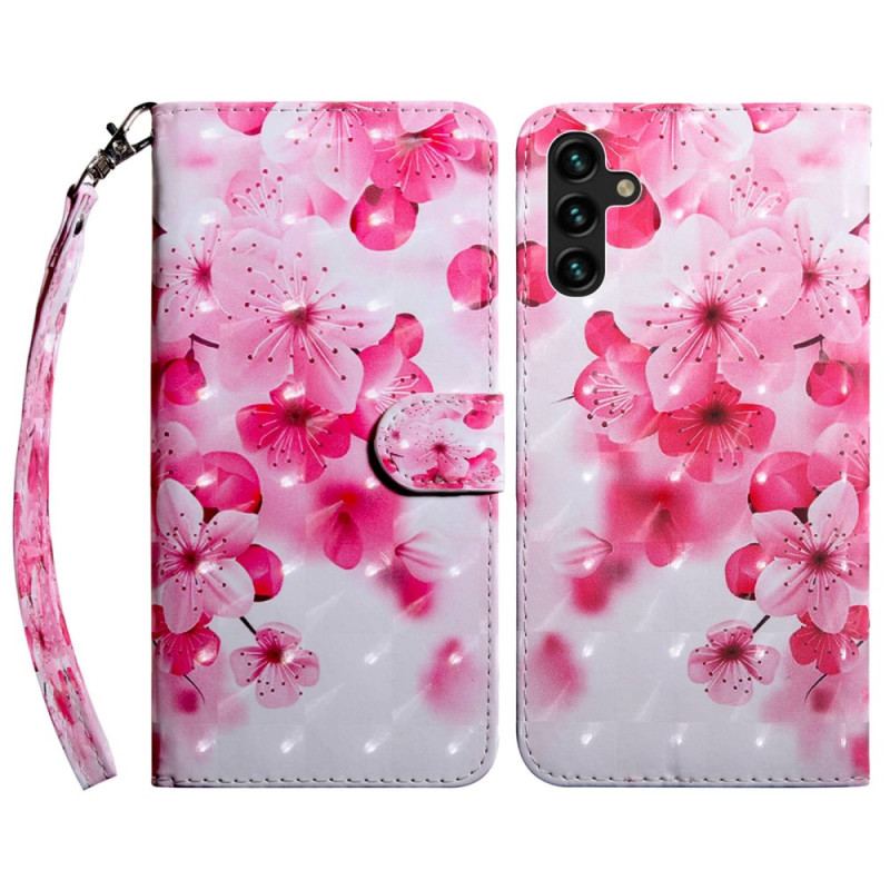 Capa De Couro Para Samsung Galaxy A14 / A14 5G De Cordão Flores Cor-de-rosa Com Tiras