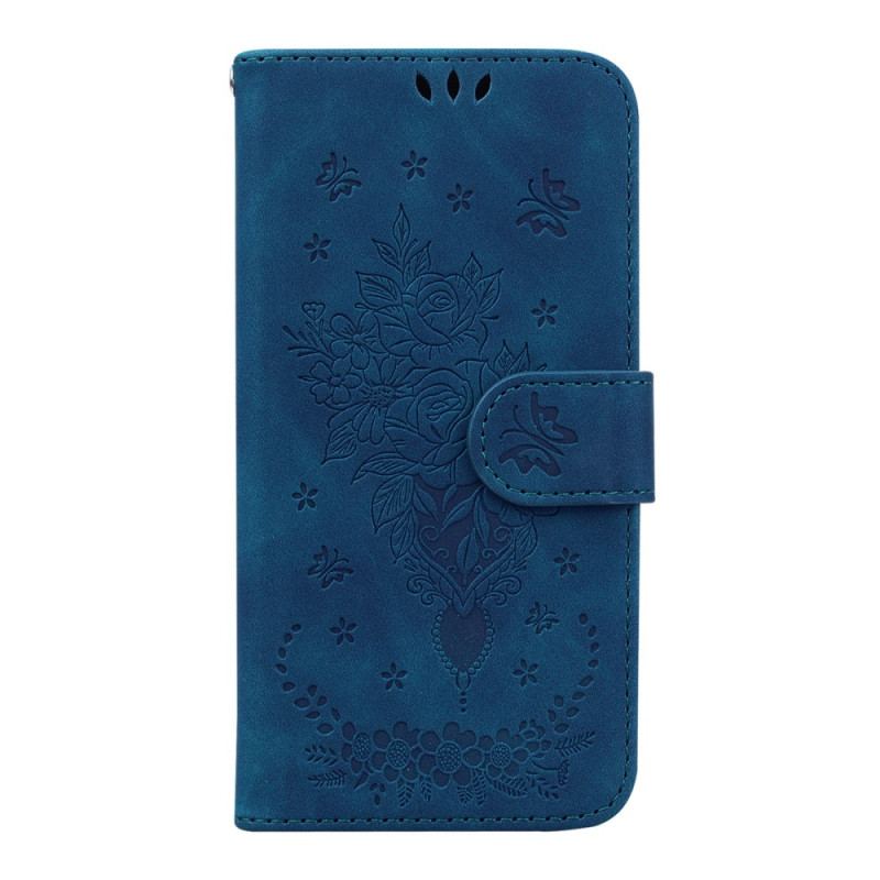 Capa De Couro Para Samsung Galaxy A14 / A14 5G De Cordão Strappy Rosas E Borboletas