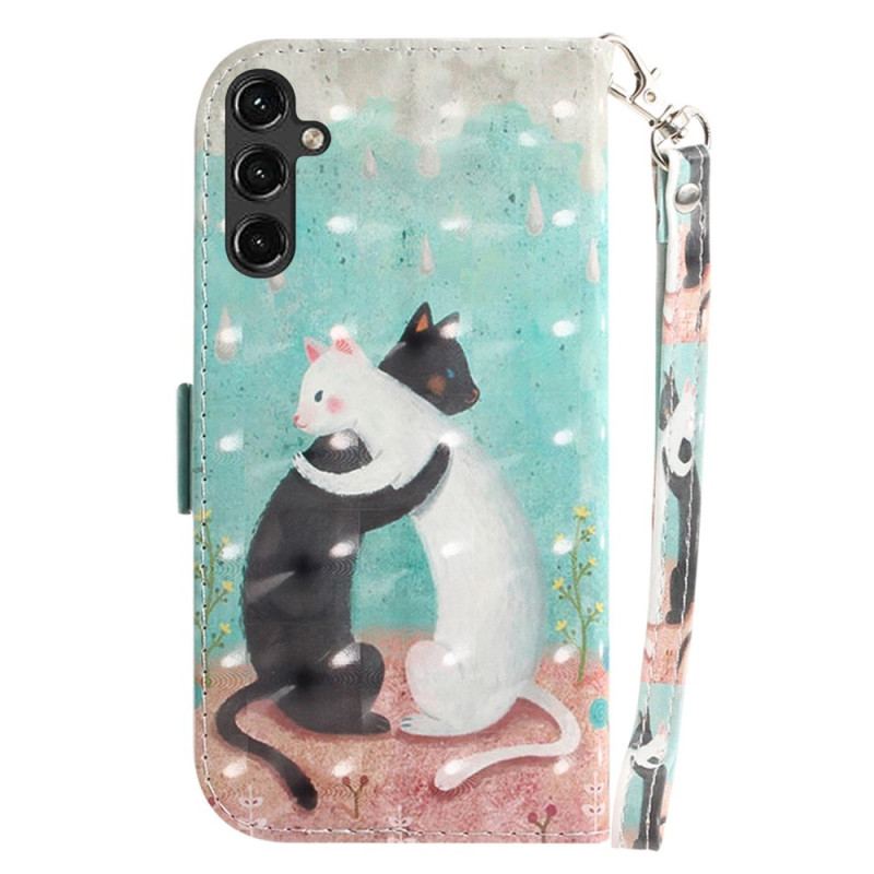Capa De Couro Para Samsung Galaxy A14 / A14 5G De Cordão Tanga Gato Branco Preto
