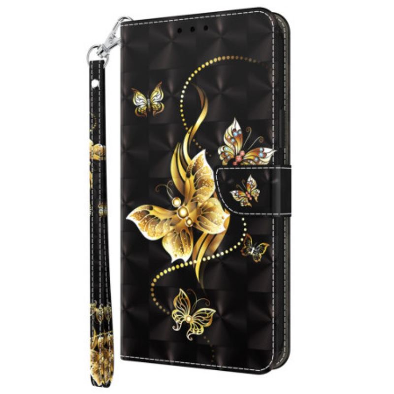 Capa Em Pele Para Samsung Galaxy A14 / A14 5G De Cordão Borboletas Douradas Com Alça