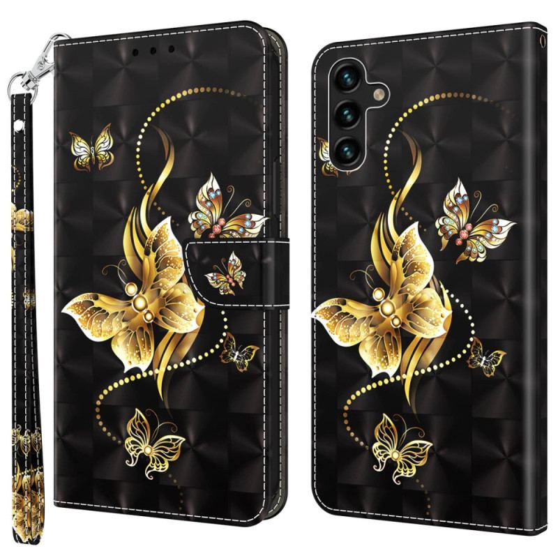Capa Em Pele Para Samsung Galaxy A14 / A14 5G De Cordão Borboletas Douradas Com Alça