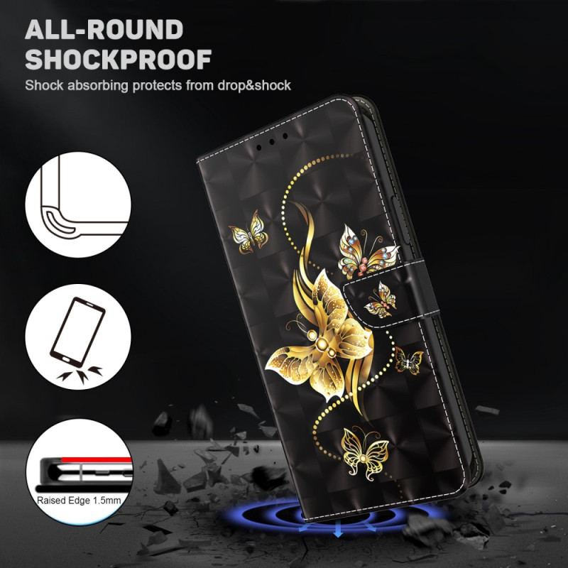 Capa Em Pele Para Samsung Galaxy A14 / A14 5G De Cordão Borboletas Douradas Com Alça
