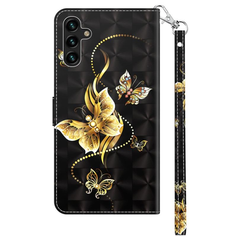 Capa Em Pele Para Samsung Galaxy A14 / A14 5G De Cordão Borboletas Douradas Com Alça