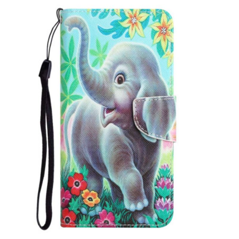 Capa Flip Para Samsung Galaxy A14 / A14 5G De Cordão Elefante Alegre Com Cordão