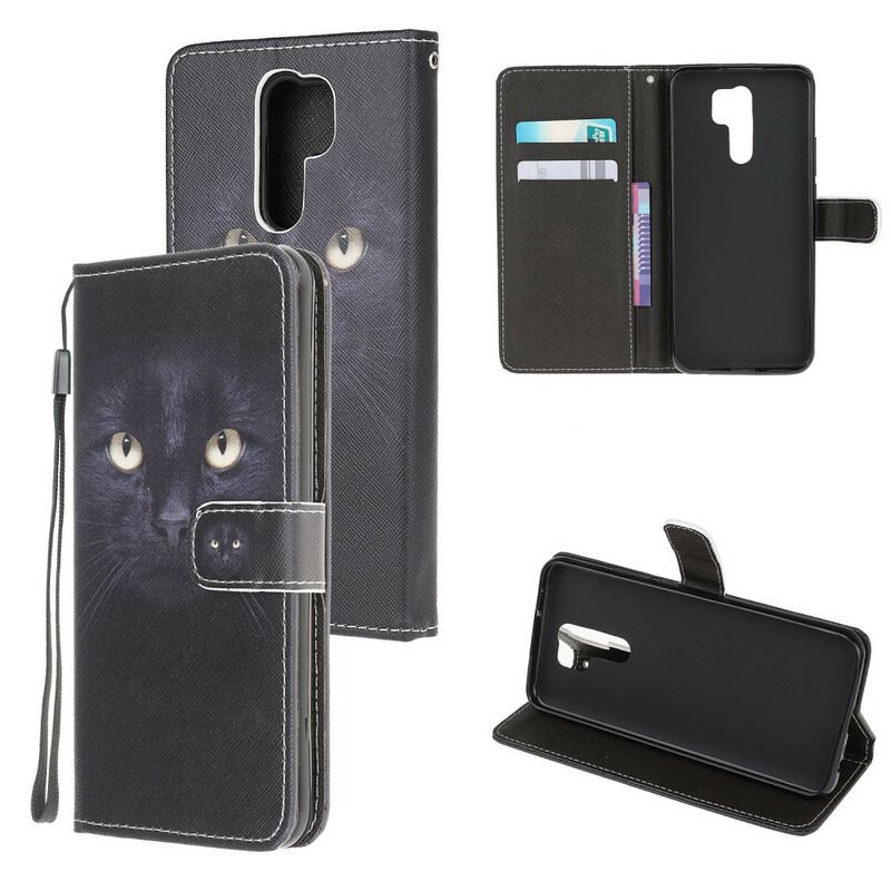 Capa De Couro Para Xiaomi Redmi 9 De Cordão Olhos De Gato Preto Com Tiras