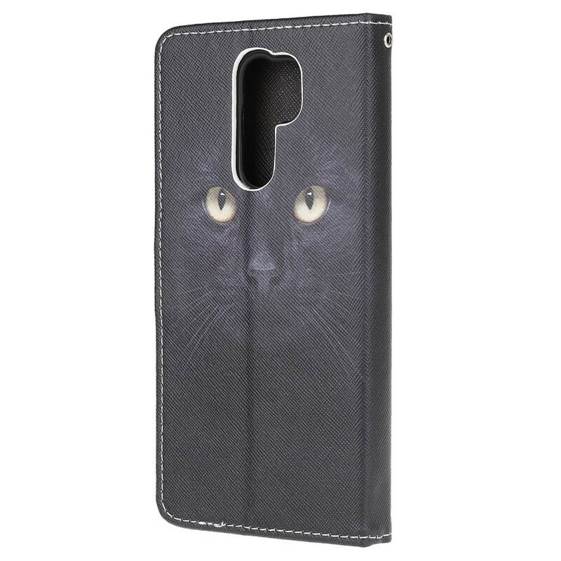 Capa De Couro Para Xiaomi Redmi 9 De Cordão Olhos De Gato Preto Com Tiras