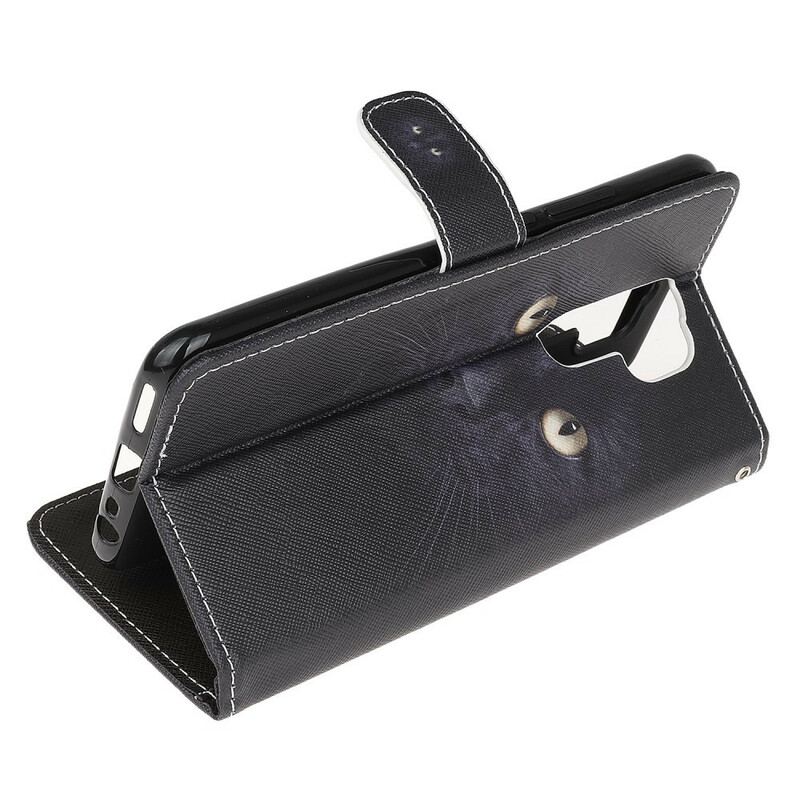 Capa De Couro Para Xiaomi Redmi 9 De Cordão Olhos De Gato Preto Com Tiras