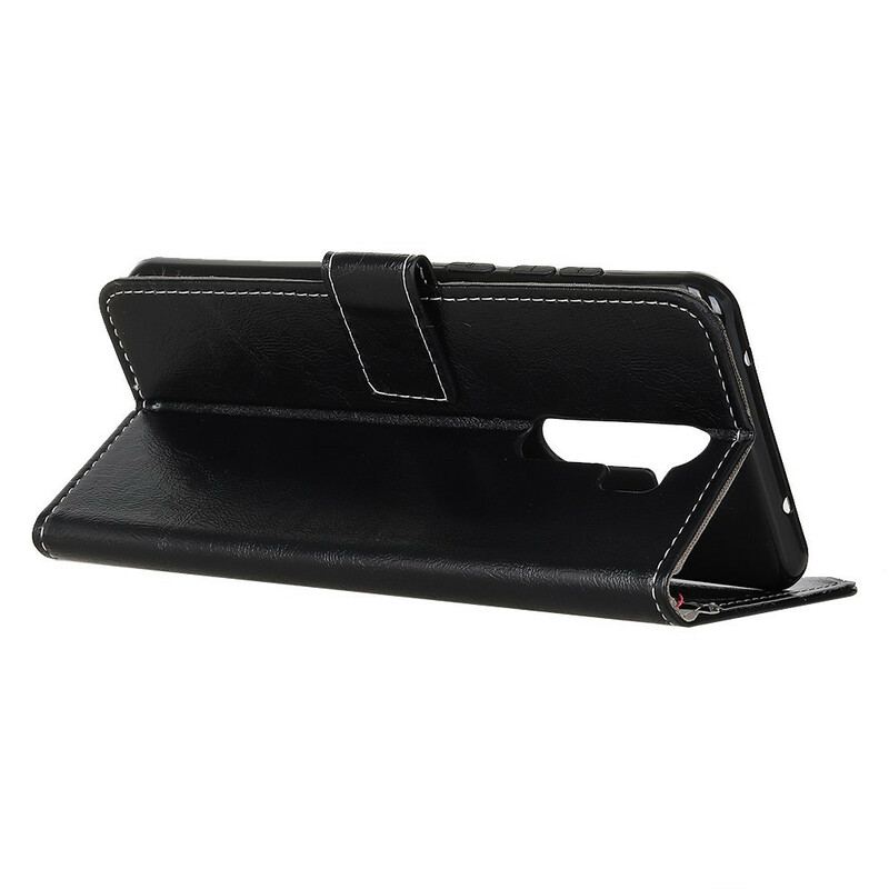 Capa De Couro Para Xiaomi Redmi 9 Costuras Brilhantes E Expostas
