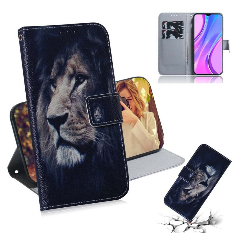 Capa De Couro Para Xiaomi Redmi 9 Leão Sonhador