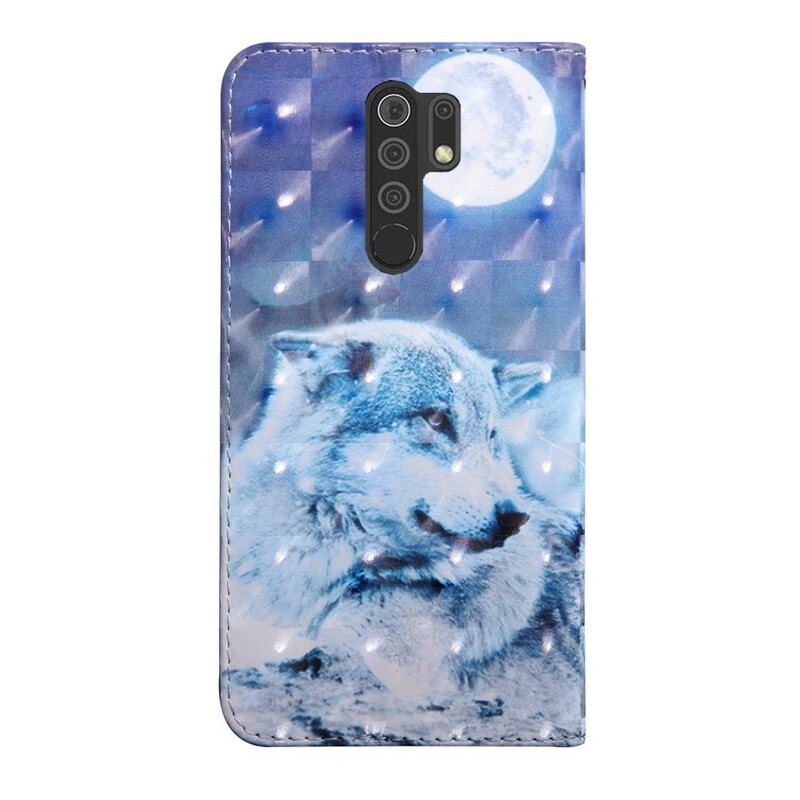 Capa De Couro Para Xiaomi Redmi 9 Lobo Ao Luar