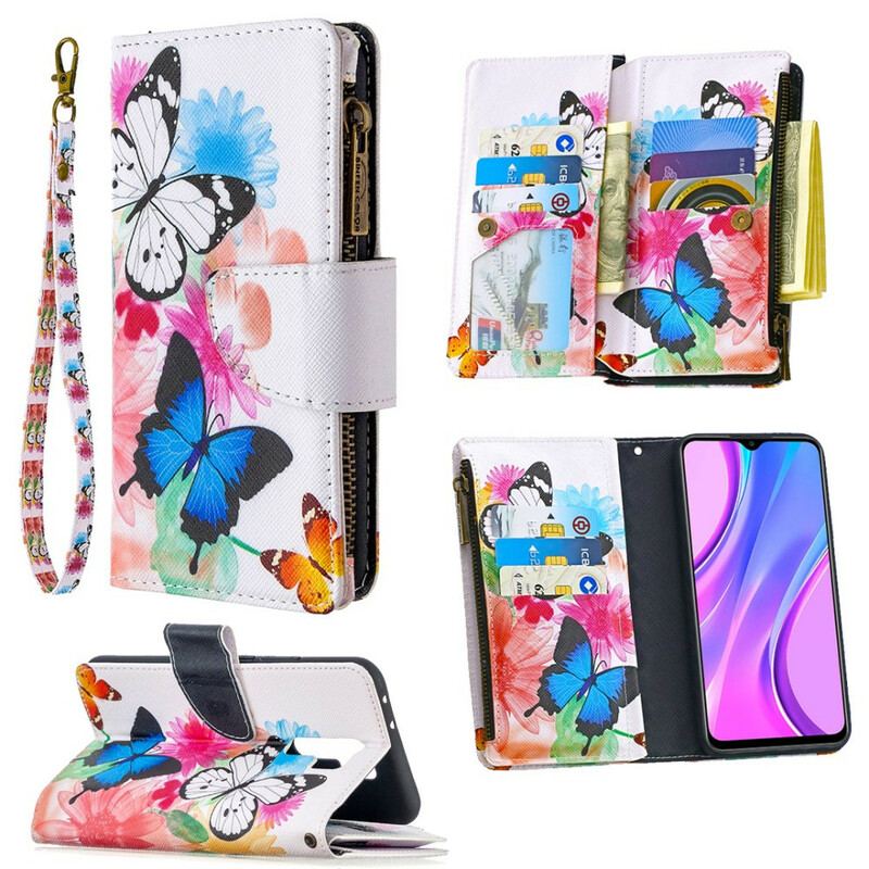 Capa Em Pele Para Xiaomi Redmi 9 Bolso Com Zíper De Borboletas