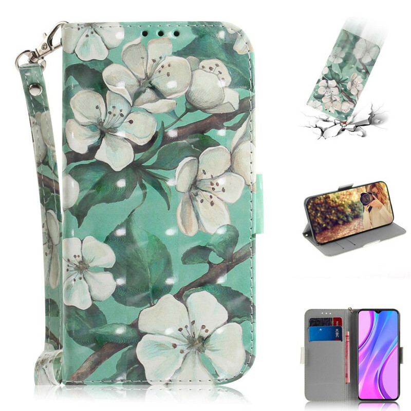 Capa Folio Para Xiaomi Redmi 9 De Cordão Ramo Florido Com Alça