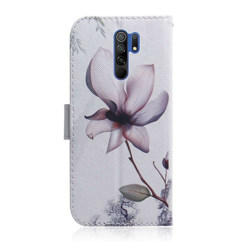 Capa Folio Para Xiaomi Redmi 9 Flor Rosa Empoeirado