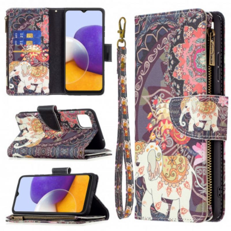 Capa De Couro Para Samsung Galaxy A22 5G Bolso Elefante Com Zíper