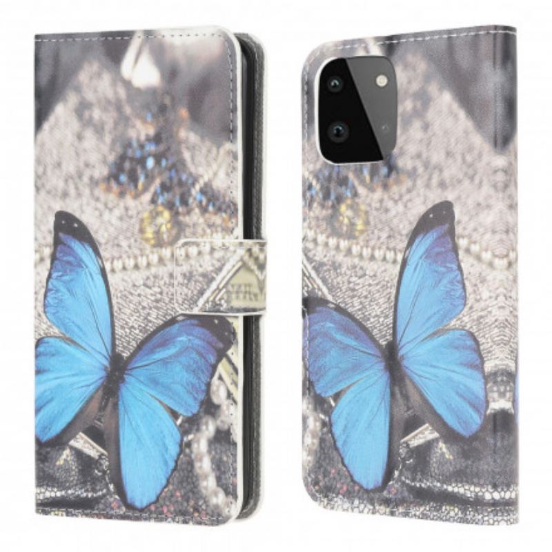 Capa De Couro Para Samsung Galaxy A22 5G Borboleta Prestige Azul