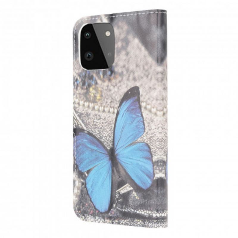 Capa De Couro Para Samsung Galaxy A22 5G Borboleta Prestige Azul