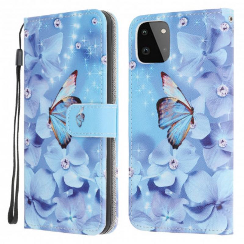 Capa De Couro Para Samsung Galaxy A22 5G De Cordão Borboletas Strappy Diamond
