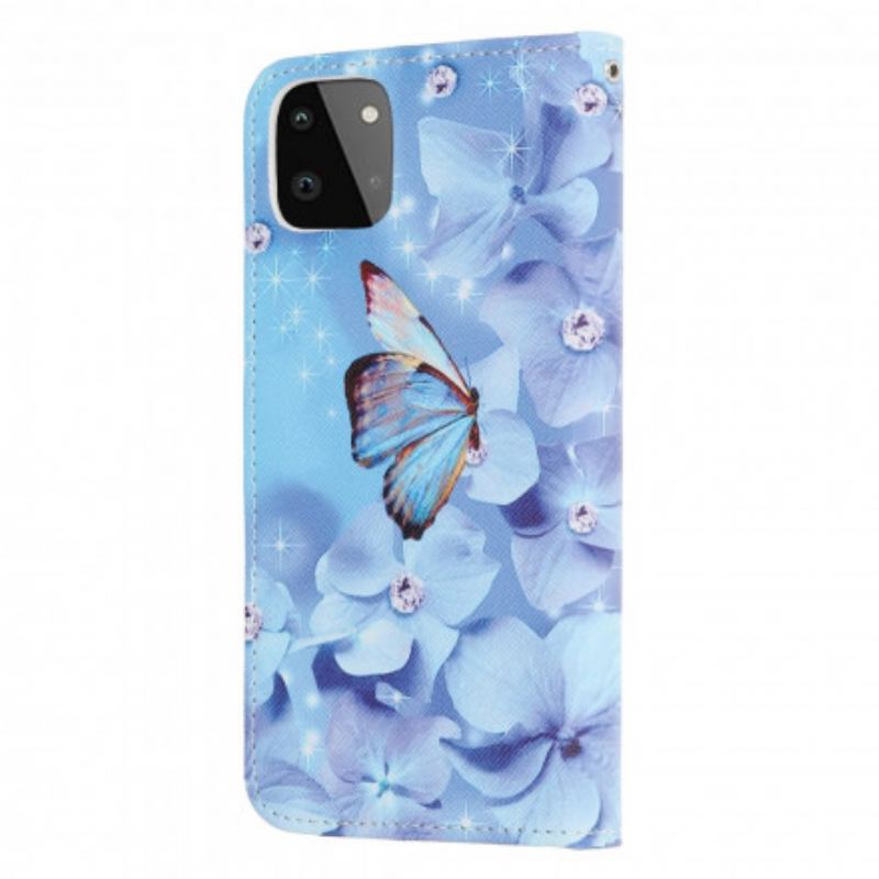 Capa De Couro Para Samsung Galaxy A22 5G De Cordão Borboletas Strappy Diamond