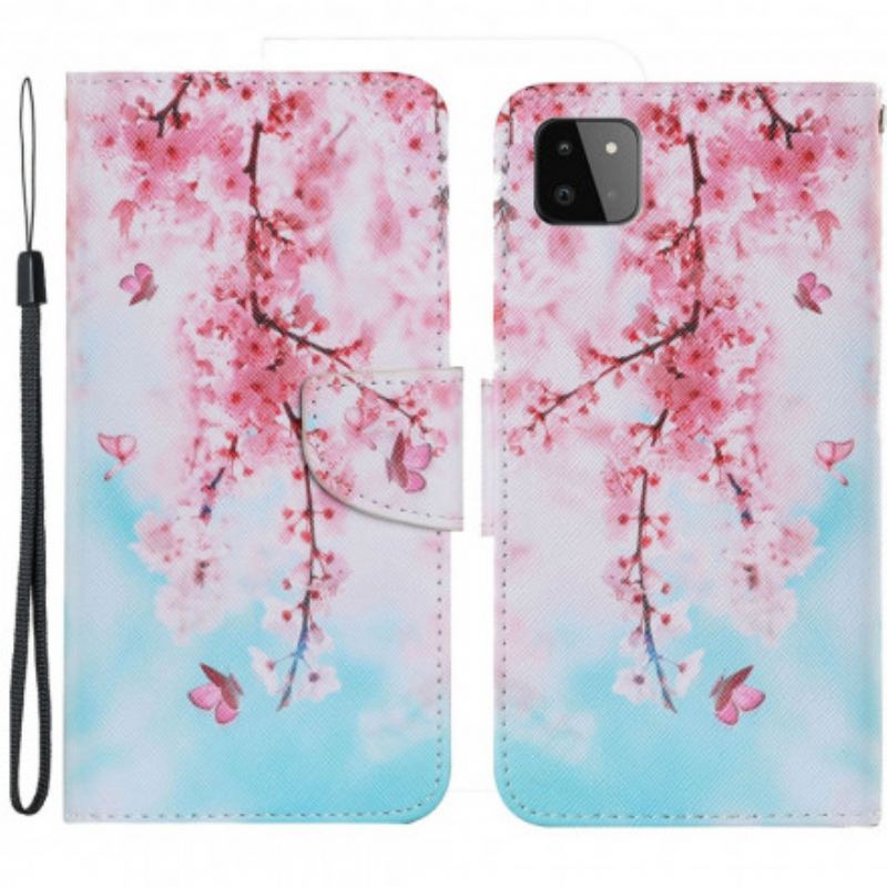 Capa De Couro Para Samsung Galaxy A22 5G De Cordão Ramos Vermelhos Com Alça