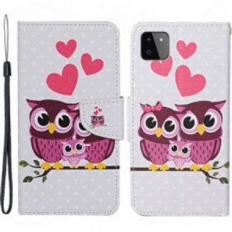 Capa De Couro Para Samsung Galaxy A22 5G Família Coruja Com Cordão