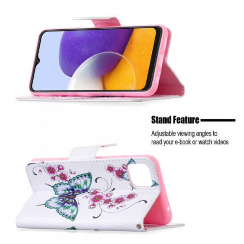 Capa Em Pele Para Samsung Galaxy A22 5G Aquarela Borboletas