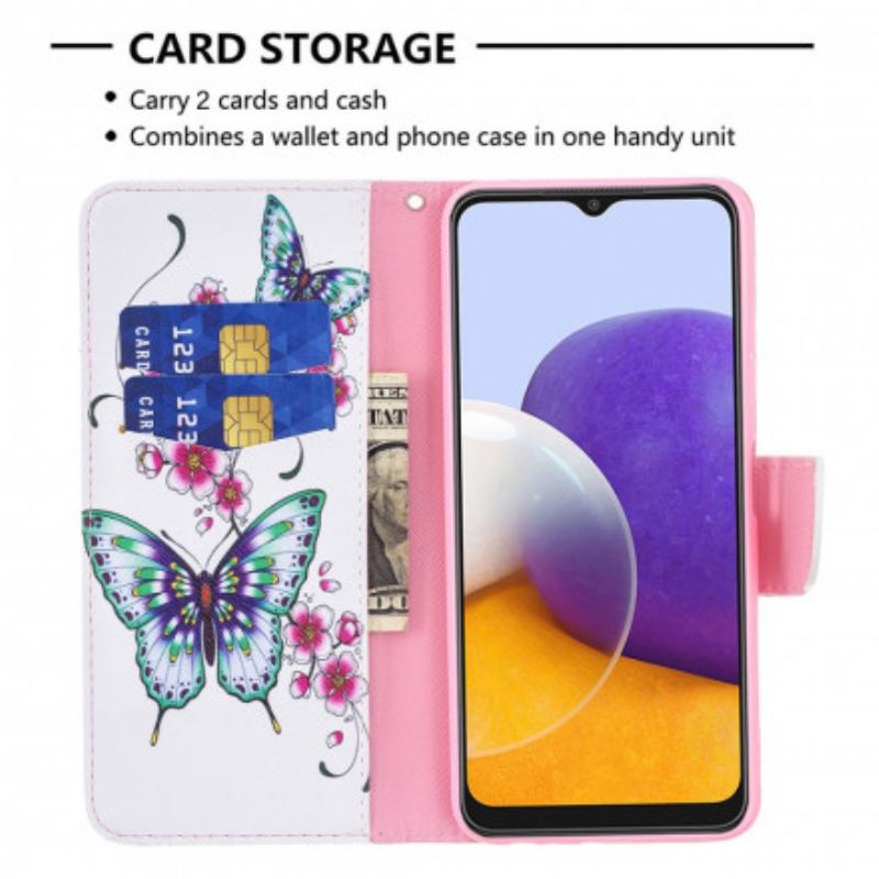 Capa Em Pele Para Samsung Galaxy A22 5G Aquarela Borboletas