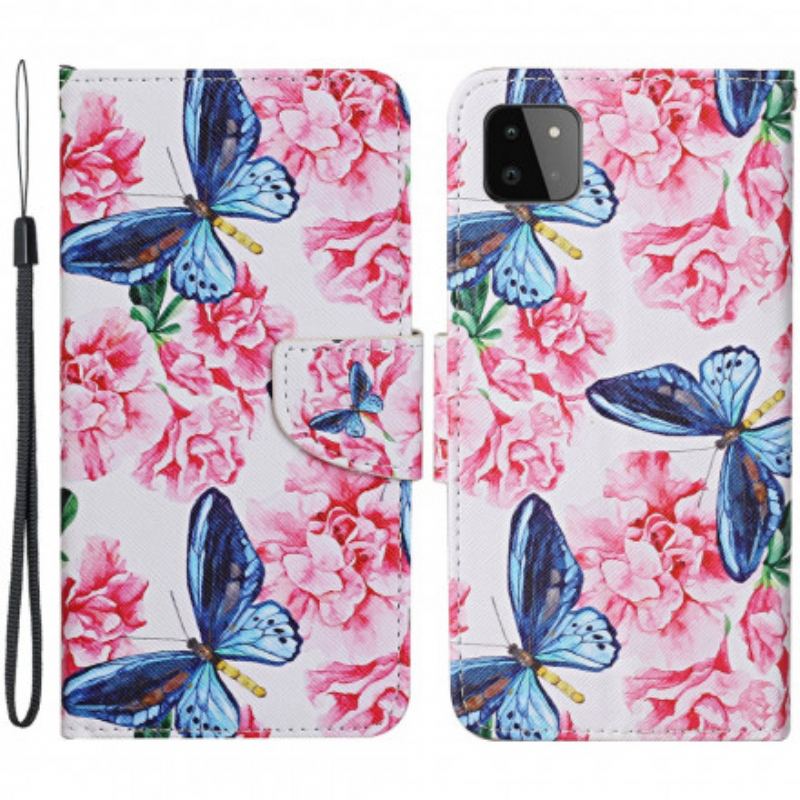 Capa Flip Para Samsung Galaxy A22 5G Cordão Floral Borboletas
