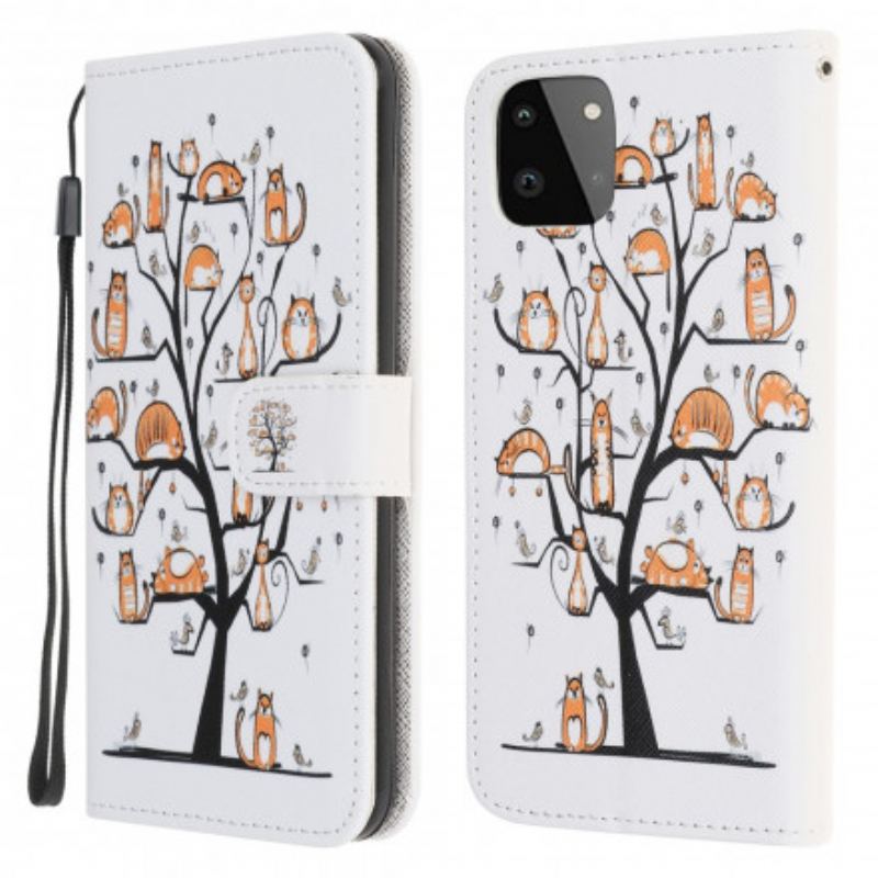 Capa Flip Para Samsung Galaxy A22 5G De Cordão Gatos Divertidos Com Alça