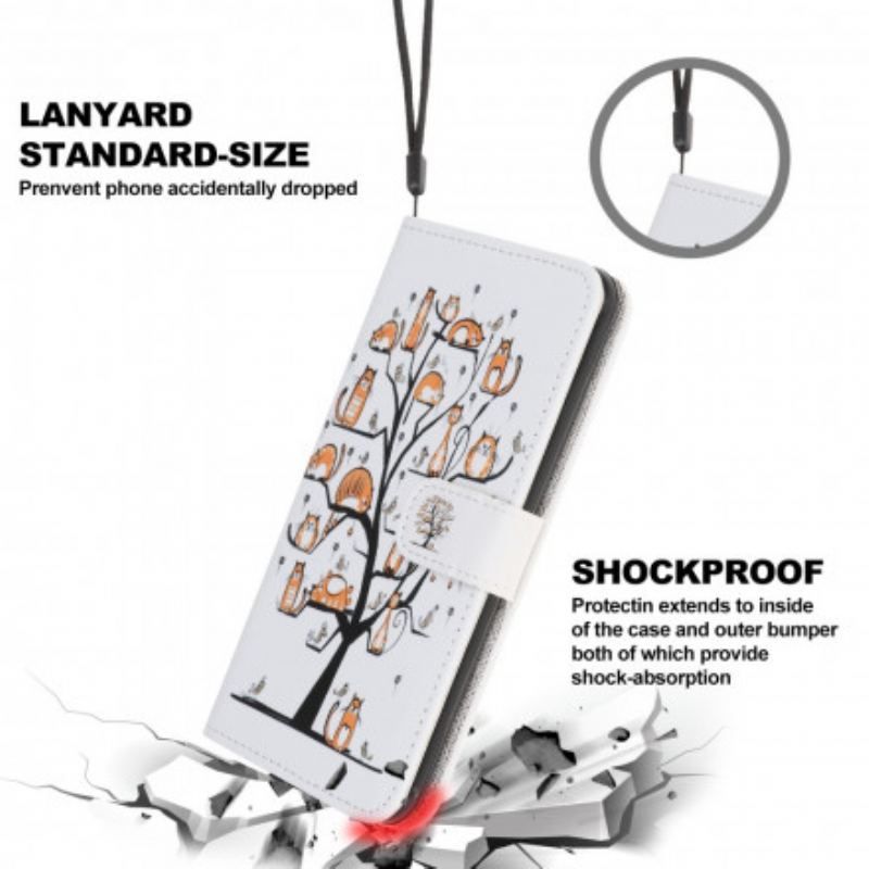 Capa Flip Para Samsung Galaxy A22 5G De Cordão Gatos Divertidos Com Alça