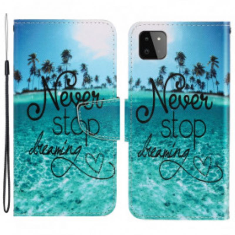 Capa Flip Para Samsung Galaxy A22 5G De Cordão Nunca Pare De Sonhar Com Strappy Navy