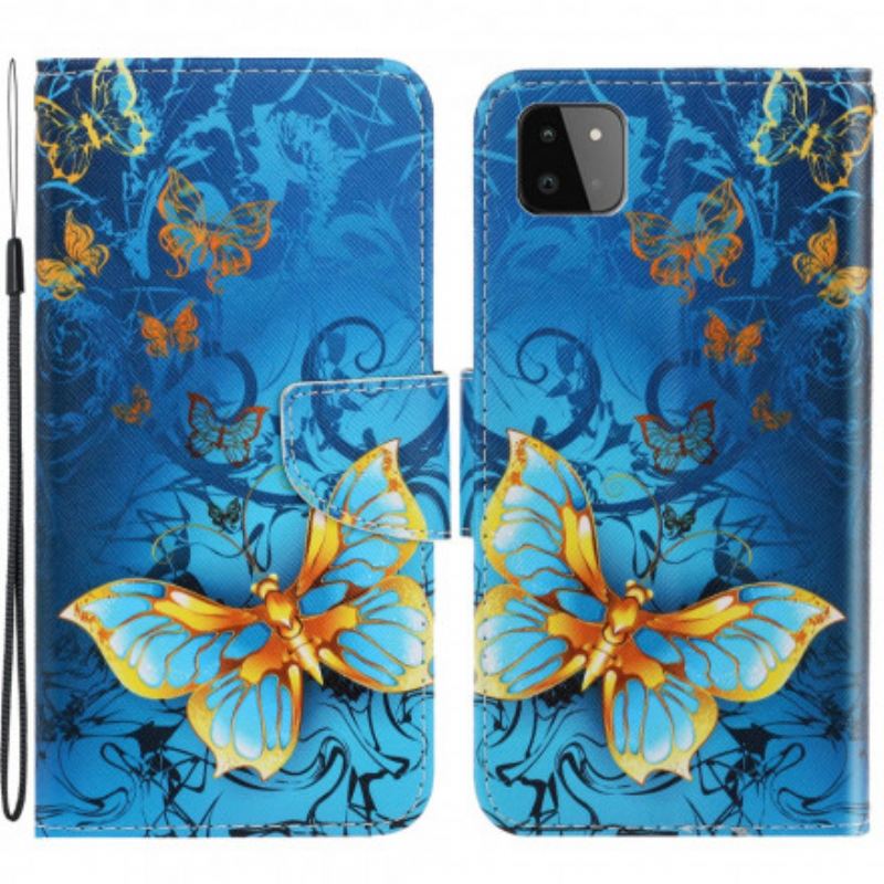 Capa Flip Para Samsung Galaxy A22 5G De Cordão Variações De Tiras Borboletas