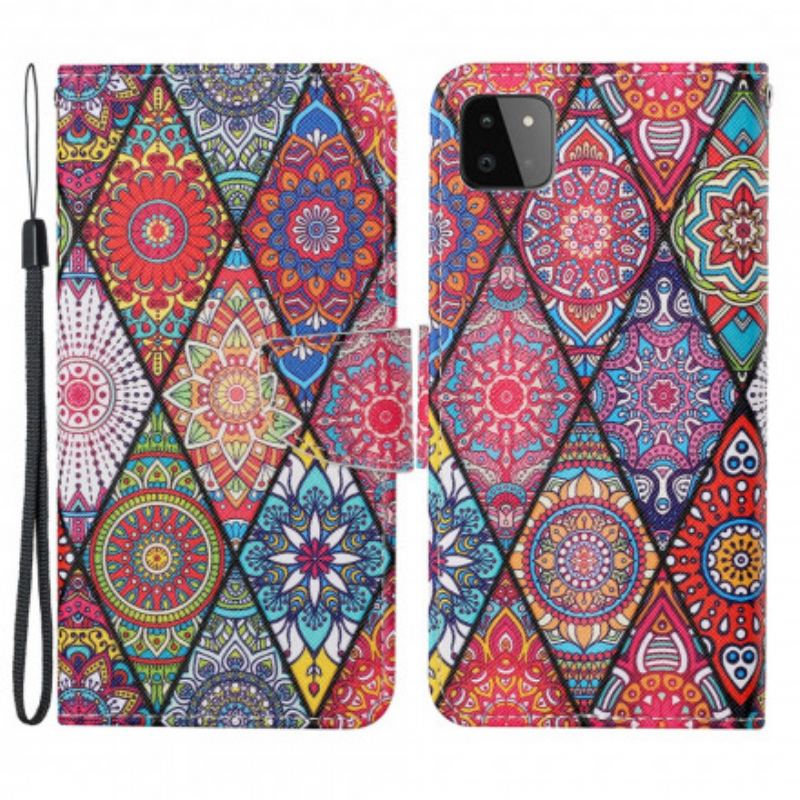 Capa Flip Para Samsung Galaxy A22 5G Patchwork Com Cordão